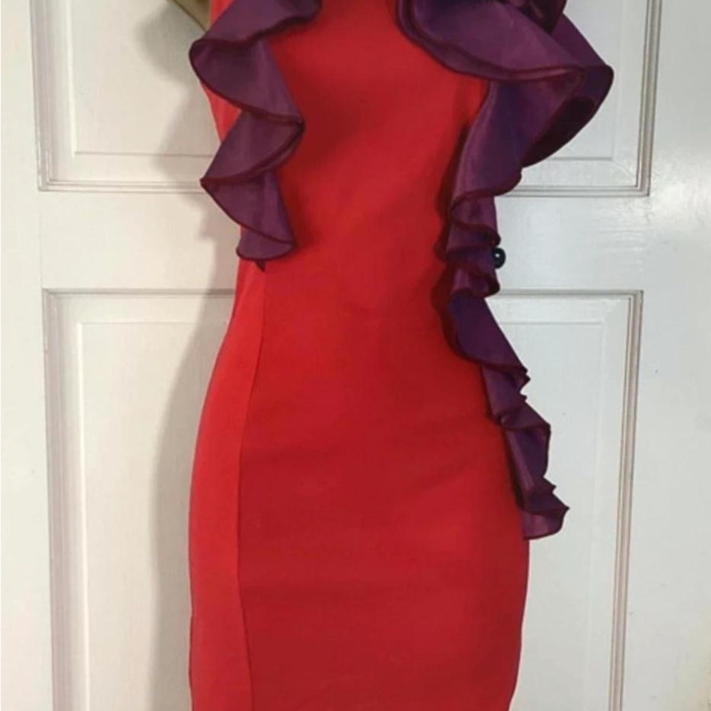 Elegant One-Shoulder Red Dress with Purple Accents